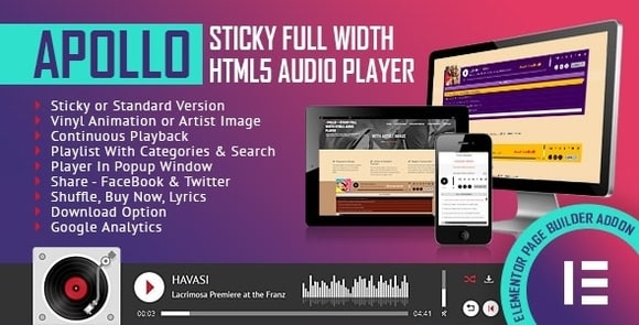 Apollo v1.0 - Sticky Full Width HTML5 Audio Player - Elementor Widget Addon Free